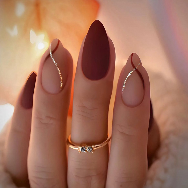 Nail Art Pink - 24pcs ความยาวกลาง Almond Gold Stripe Medium