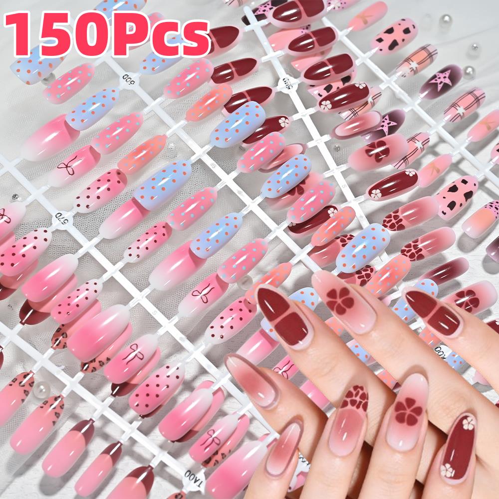 Nail Art Leopard - เล็บปลอมลายเสือดาวสีชมพูฟ้าไล่เฉด 150 ชิ้น ลายจุด ลายตาราง โบว์