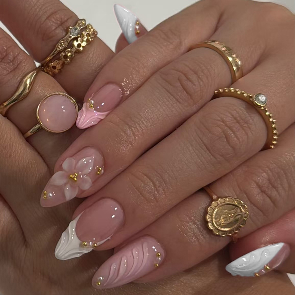 Nail Art Pink - ยกระดับสไตล์ของคุณด้วยชุดเล็บปลอมแบบกดติด 24 ชิ้น/เซ็ต ลายดอกอัลมอนด์ยาว สีชมพูและสีขาว สไตล์ฝรั่งเศส