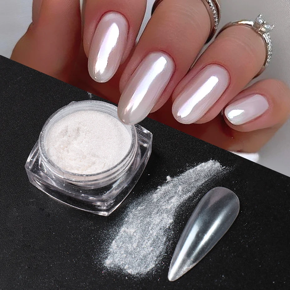 Dip Powder Nail - สีขาวมุกกระจกแสงจันทร์เล็บผง Chrome Pigment ถูบนเล็บ Glitter Mermaid