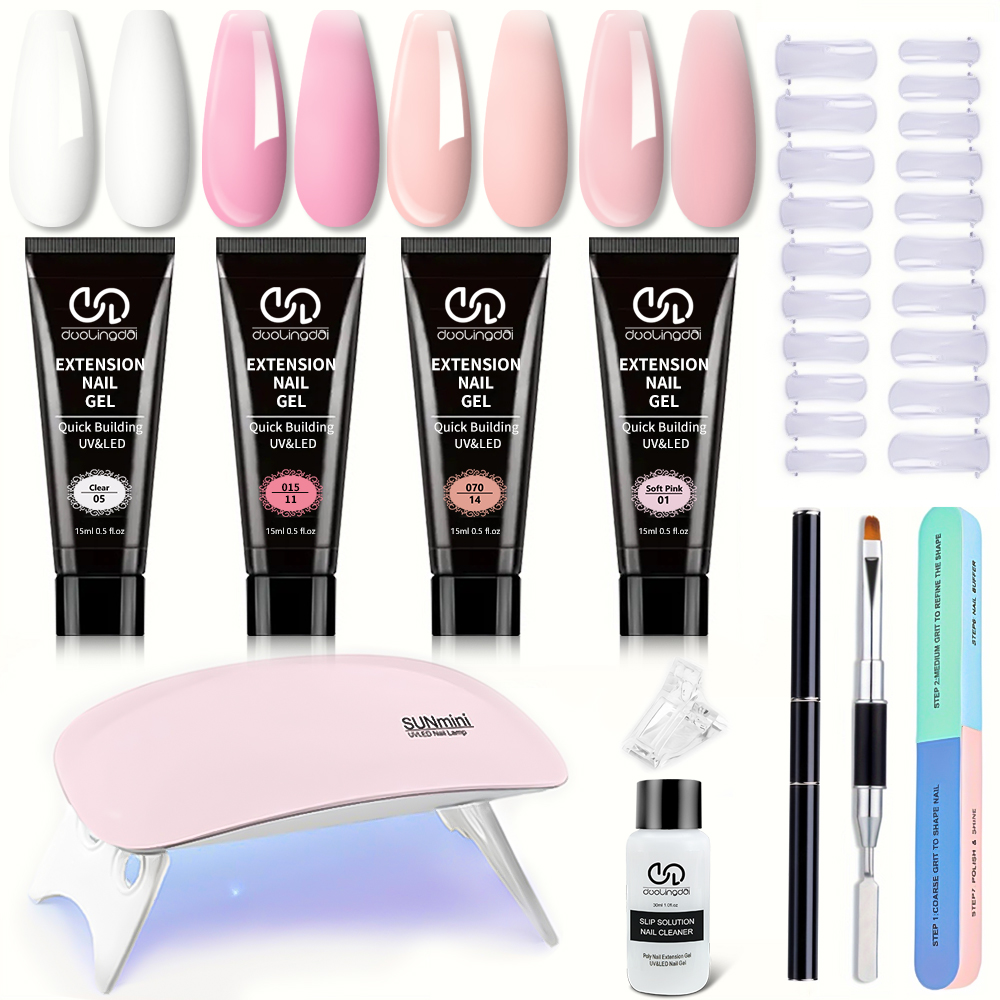 Polygel Nail Kit - ชุดต่อเล็บโพลีเจล 4 สี - เจลต่อเล็บที่แข็งแรงและทนทาน พร้อมโคมไฟเล็บขนาดกะทัดรัด