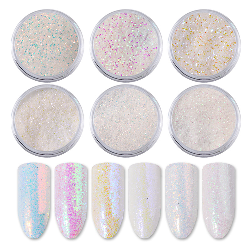 Dip Powder Nail - 6ชิ้น/เซ็ตเลื่อมสีขาวยูนิคอร์นแสงออโรราสำหรับตกแต่งเล็บผงประกายระยิบระยับศิลปะนางเงือกฝุ่นขนาดเล็กสำหรับเล็บ DIY กากเพชร