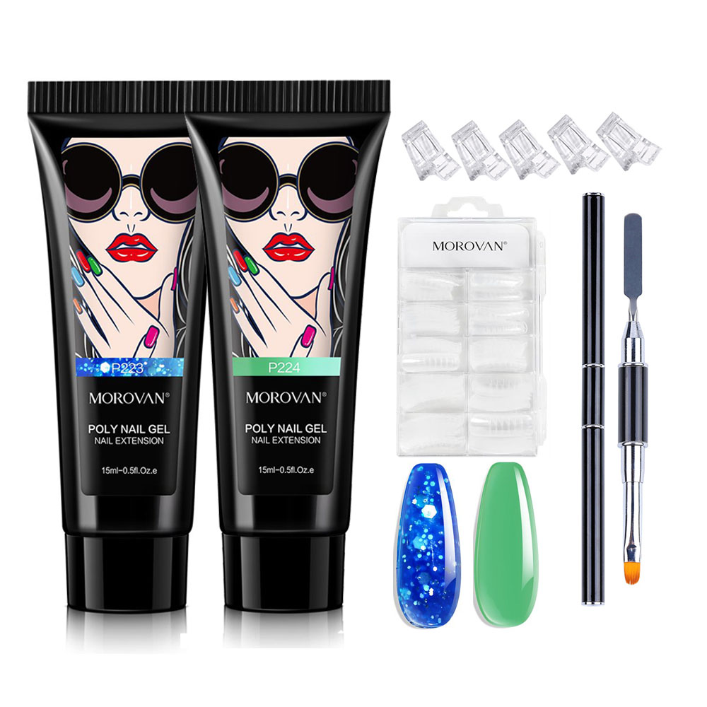 Polygel Nail Kit - ชุดเจลทาเล็บโพลี-ชุดเจล15มล. พร้อมแปรงเล็บปลอม100ชิ้น & ชุดเริ่มต้นหยิบต่อเล็บชุดเจลพร้อมคลิป5ชิ้น