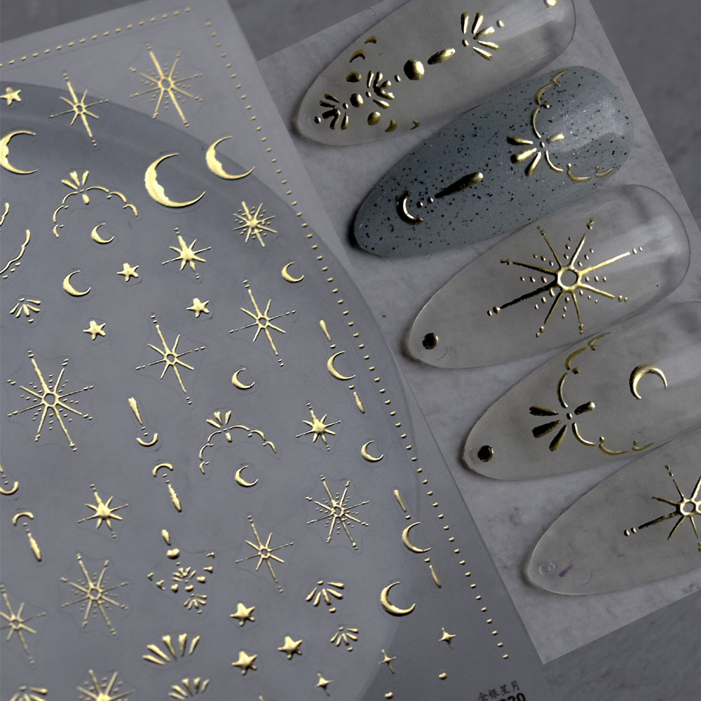 Nail Art Gold - สติกเกอร์ติดเล็บลายดวงอาทิตย์/ดวงจันทร์/ดาว 3 มิติ สีทอง ขนาด 8*10