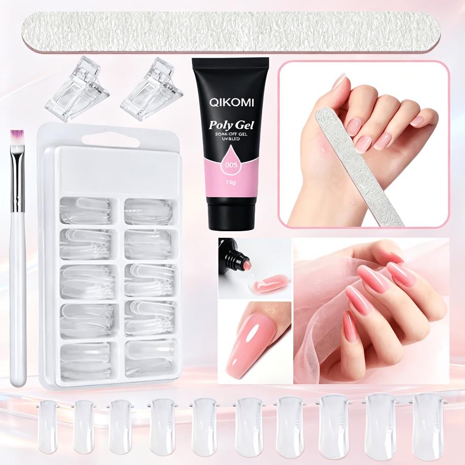 Polygel Nail Kit - ชุดต่อเล็บโพลีเจล QIKOMI พร้อมแปรงสองด้าน, ปลายเล็บใส, น้ำยาช่วยติดเล็บ และตะไบเล็บสำหรับต่อเล็บยาวด้วยตัวเอง