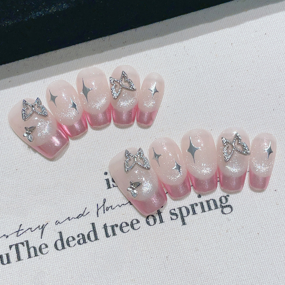 Nail Art Pink - ชุดเล็บปลอมแบบกดติด 10 ชิ้น รูปทรงสี่เหลี่ยมคางหมู สีชมพู งานแฮนด์เมด