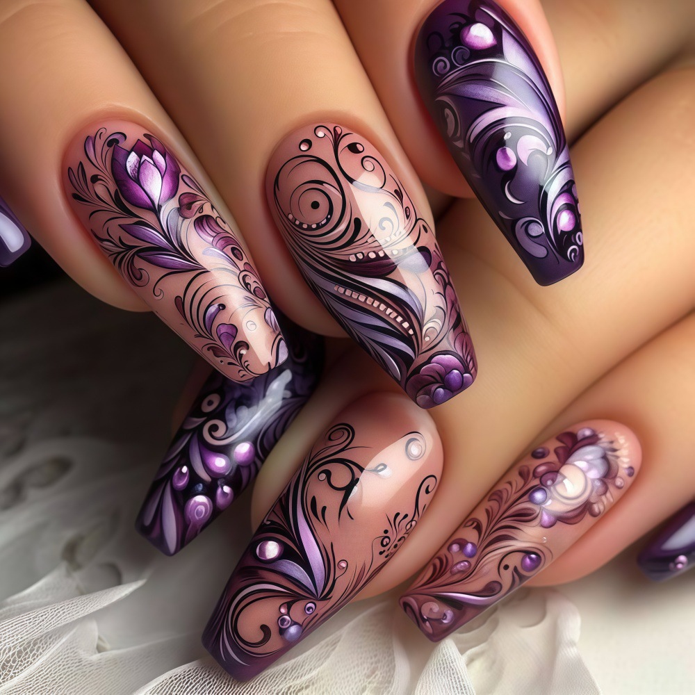 Nail Art Overlay - เล็บปลอมขนาดกลางสำหรับผู้หญิงและเด็กผู้หญิง แฟชั่นลายดอกไม้สีม่วงดำ ดีไซน์แบบเต็มเล็บ ปลายเล็บทรงบัลเล่ต์ กดติดเล็บปลอมสำเร็จรูป