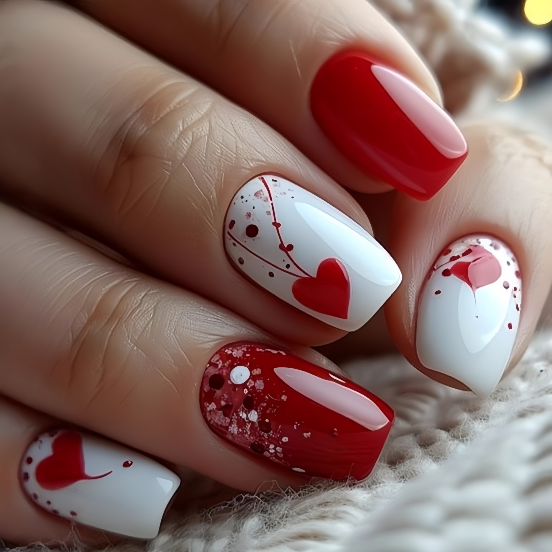 Nail Art Pink - เล็บปลอมแบบสั้น-กลางสำหรับผู้หญิงและเด็กผู้หญิง ลายหัวใจไล่สีแดงชมพู สำหรับวันวาเลนไทน์ ปลายเล็บวิบวับ ติดง่าย ชุดทำเล็บปลอม