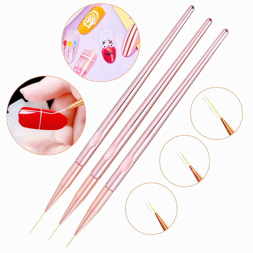 Nail Art Gold - ชุดแปรงเพ้นท์เล็บ 3 ชิ้น/ชุด แปรงเพ้นท์เล็บเจลยูวี ลายเส้นสีโรสโกลด์ สำหรับวาดลายดอกไม้