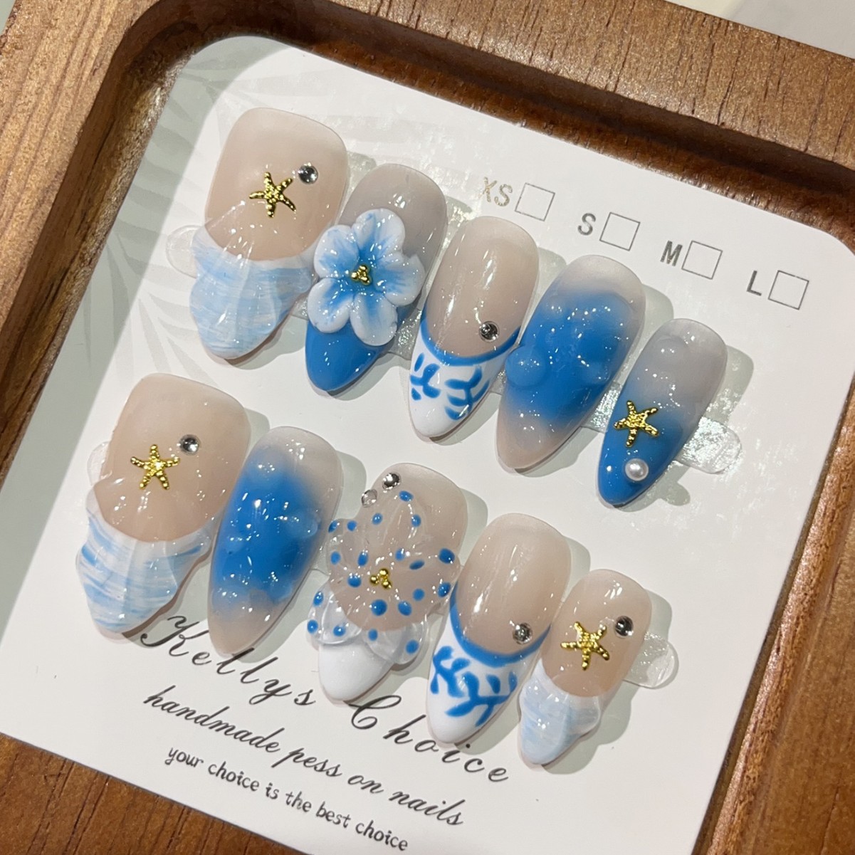 Nail Art Gold - เล็บปลอมลายดอกไม้สไตล์ Summer Island 10 ชิ้น ปิดเต็มเล็บ