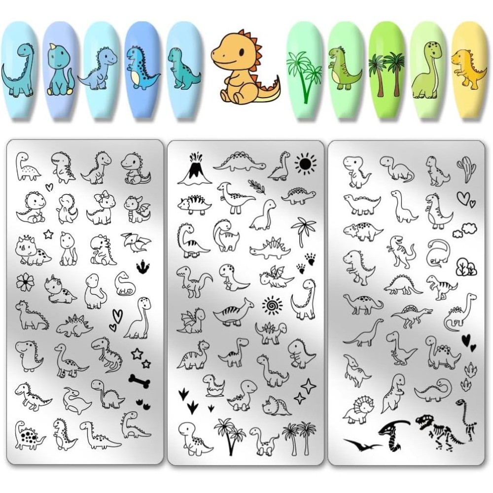 Nail Art Inspo - แผ่นปั๊มลายเล็บไดโนเสาร์ 3 ชิ้น ลายไดโนเสาร์น่ารัก แม่แบบศิลปะเล็บ ลายหัวใจ