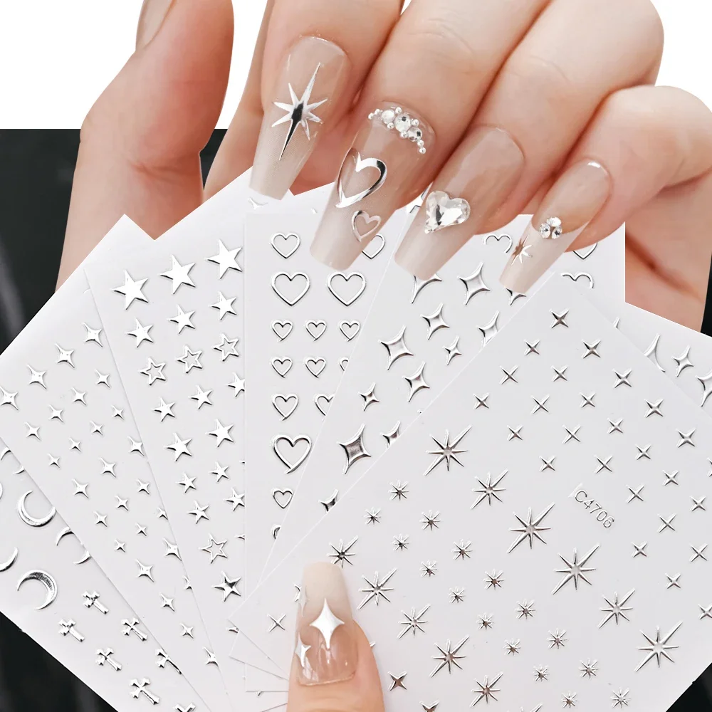 Nail Art Leopard - 6 แผ่นโลหะเงินสติกเกอร์เล็บ METALLIC 3D Star Nail