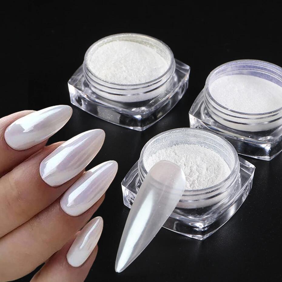 Dip Powder Nail - แสงจันทร์เพิร์ลสีขาวเล็บ Glitter ฝุ่น Chrome Aurora สีขาวถูบนผงกระจกสีเล็บอุปกรณ์ตกแต่ง