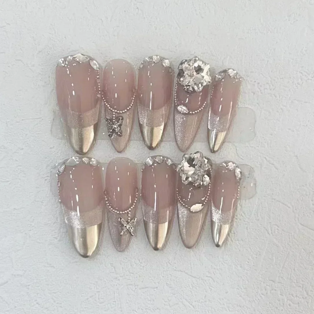 10 ชิ้นทําด้วยมือกดบนเล็บเต็มร - Nail Art Pink บทวิจารณ์และราคา
