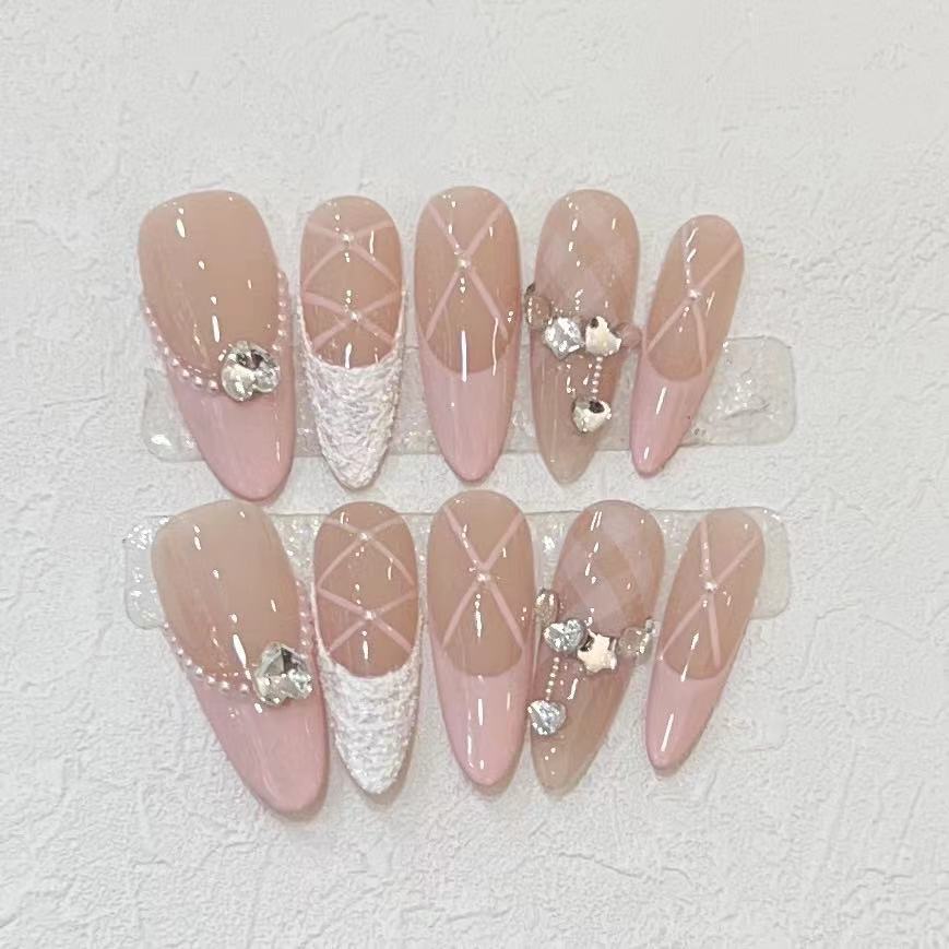 10 ชิ้นทําด้วยมือกดบนเล็บเต็มร - Nail Art Pink บทวิจารณ์และราคา
