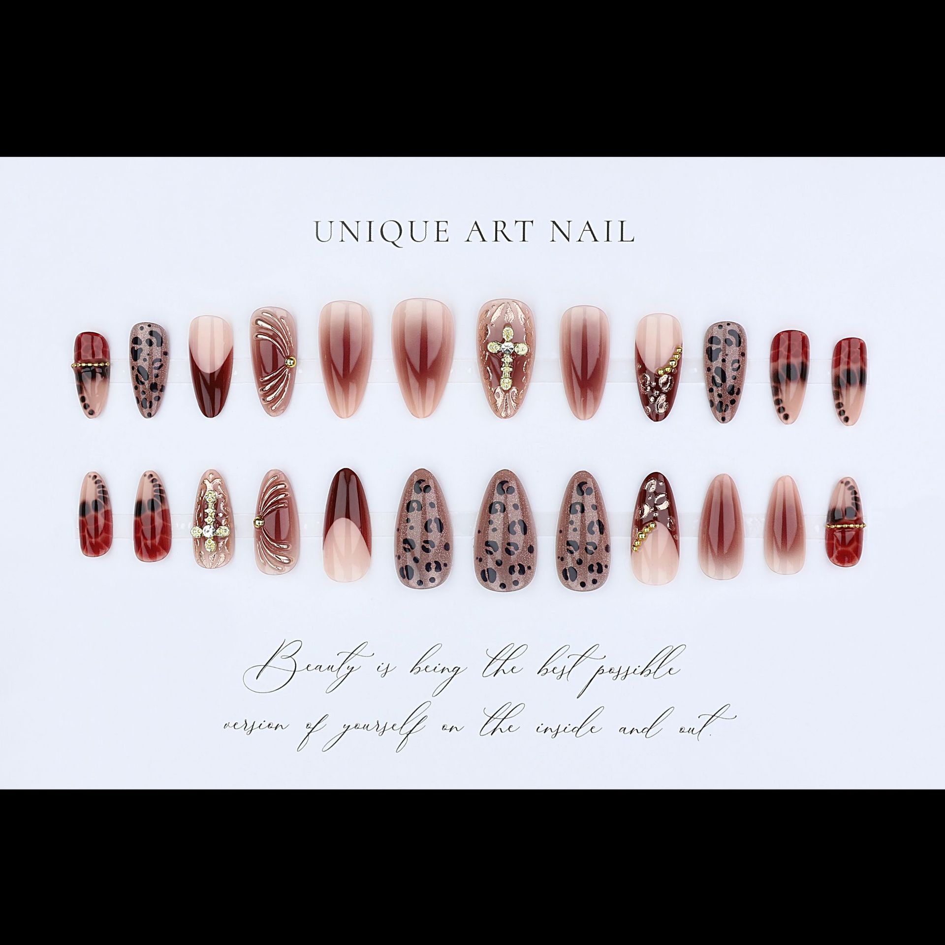 เล็บปลอมสีแดงน้ำตาลไล่เฉดพร้อม - Nail Art Leopard บทวิจารณ์และราคา